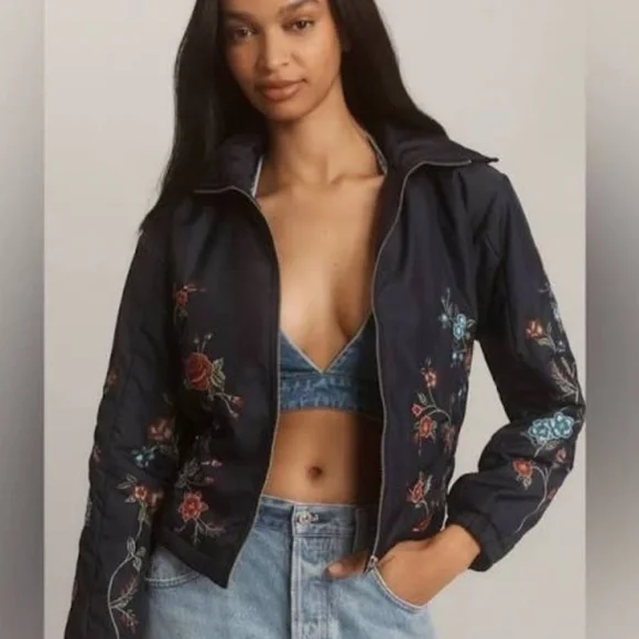 Anthropologie Floral Embroidered Bomber Jacket in Blue - Like New, Size M! - Picture 1 of 5